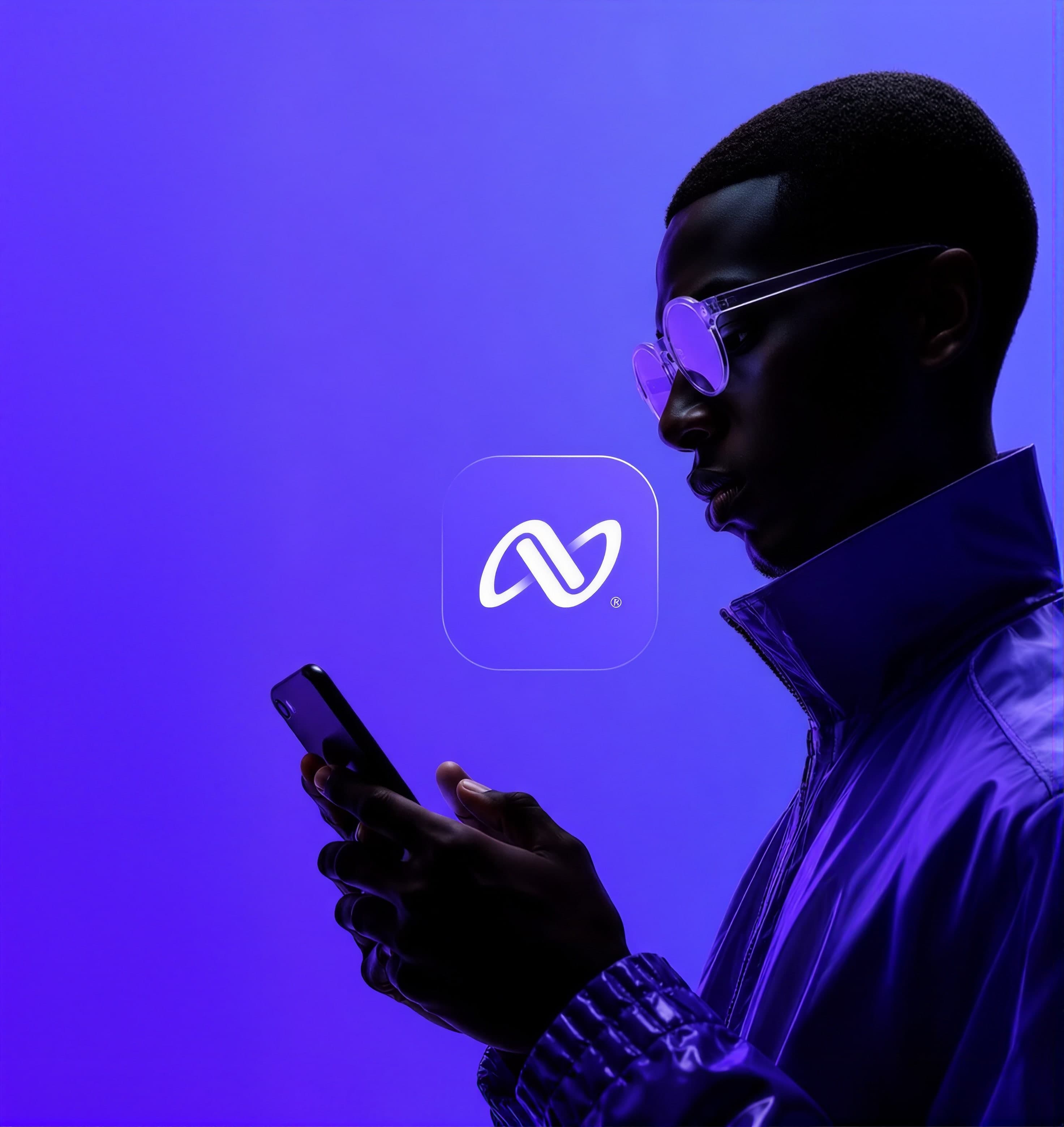 A brand's app icon floating beside a person in violet glasses looking at their phone