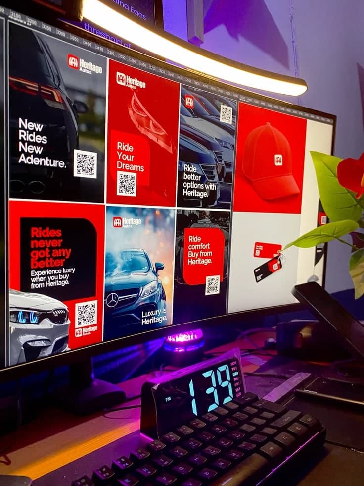 Heritage campaign posters and a branded red cap on a curved monitor