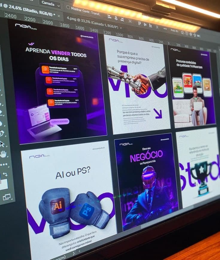Purple social media designs open in a design tool on a monitor