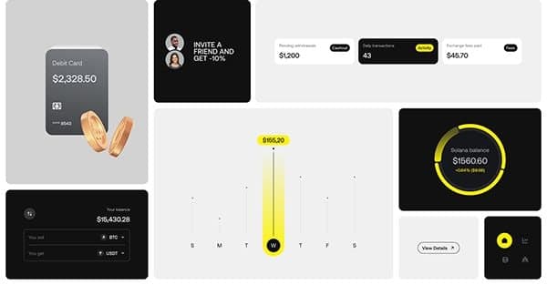 A finance app's interface laid out as cards — a debit card, a balance chart and a Solana balance ring