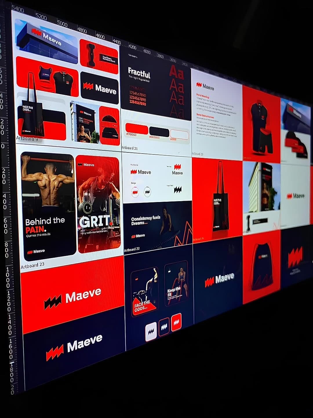 Layouts for the Maeve fitness brand — posters, merchandise and social tiles — across a wide monitor