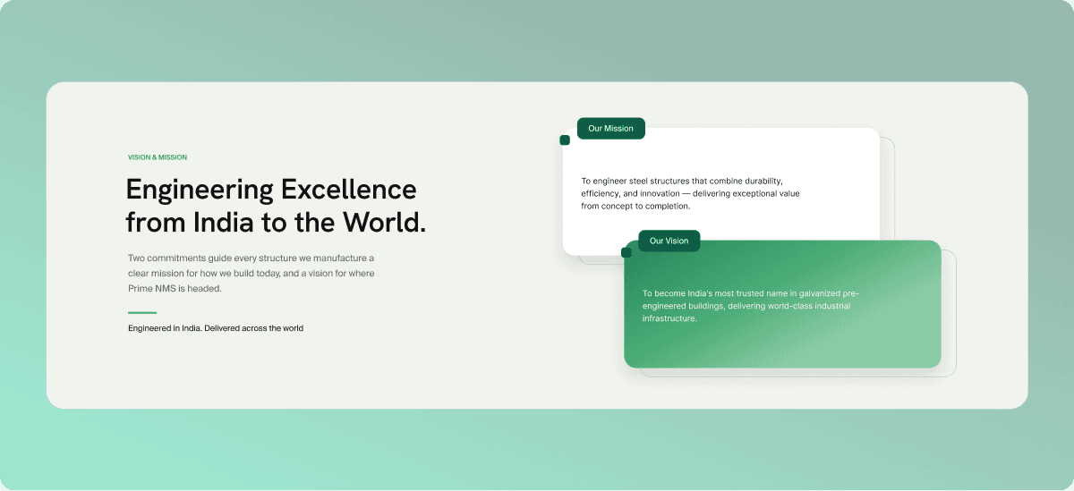 The PrimeNMS Vision & Mission page as managed from the dashboard: “Engineering Excellence from India to the World.” beside the mission and vision cards