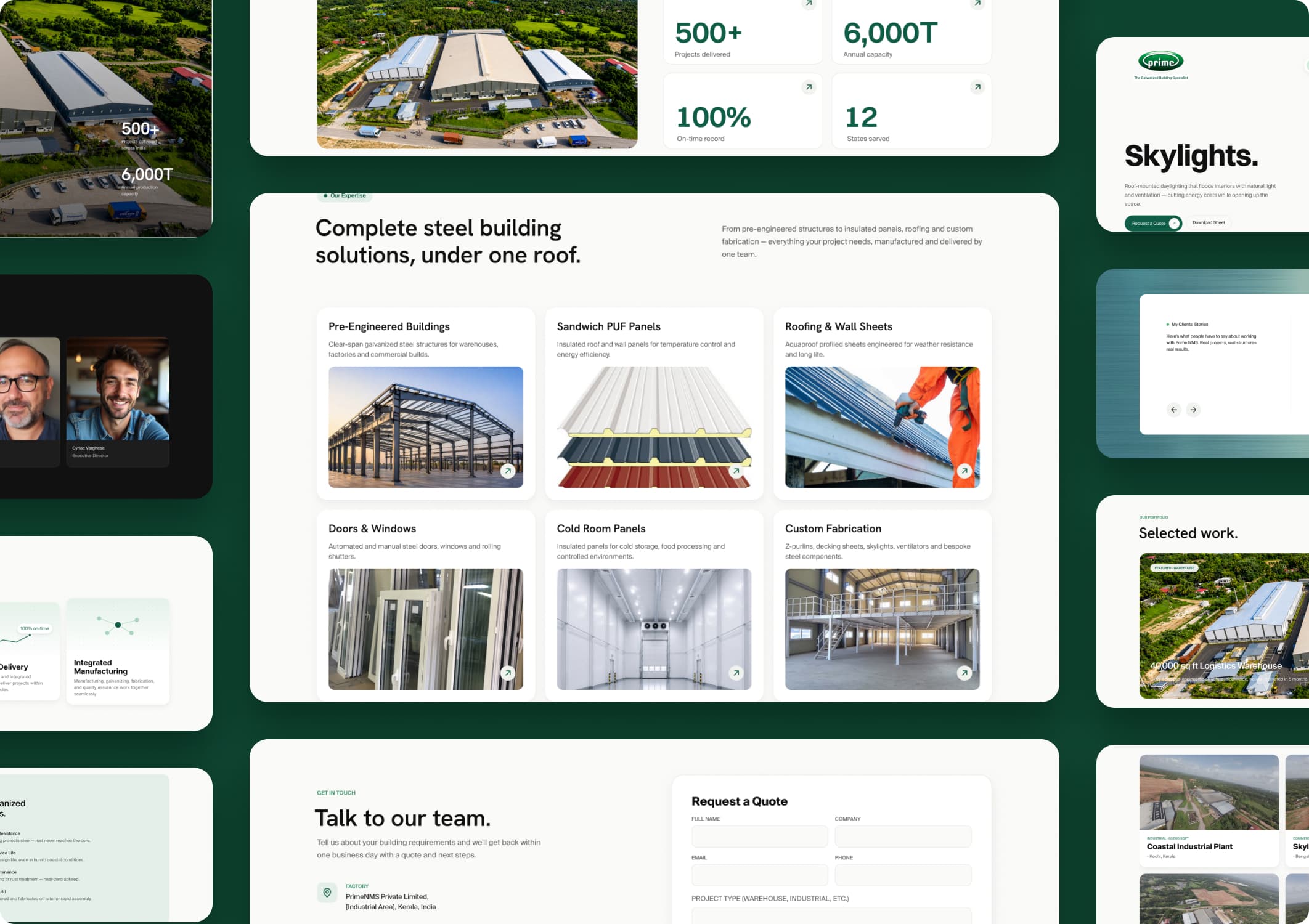 A wall of PrimeNMS pages side by side: the stats band, the services grid, the Skylights product page, selected work and the quote request form
