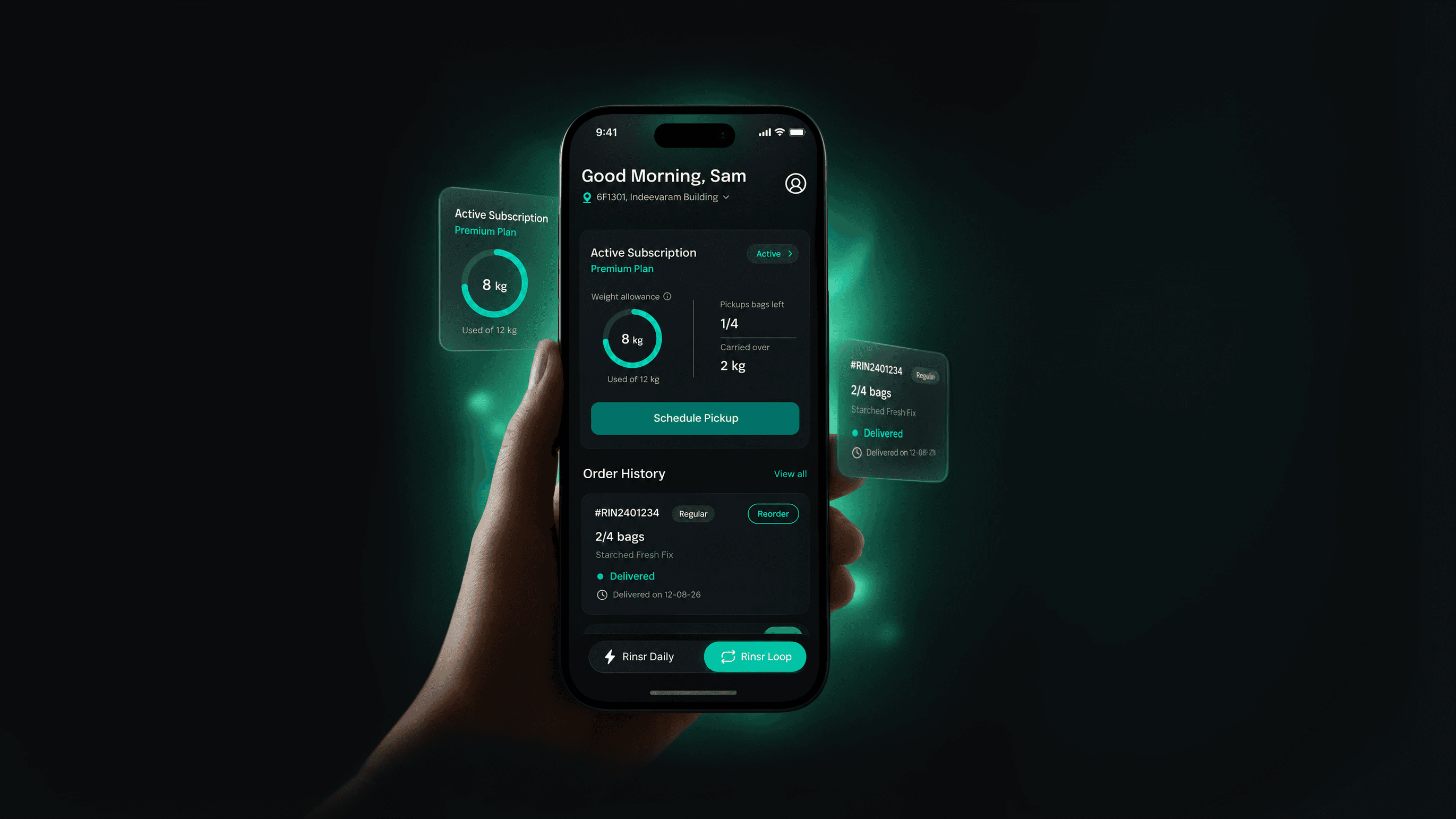 The RINSR app's subscription screen, showing weight allowance, pickups left and order history