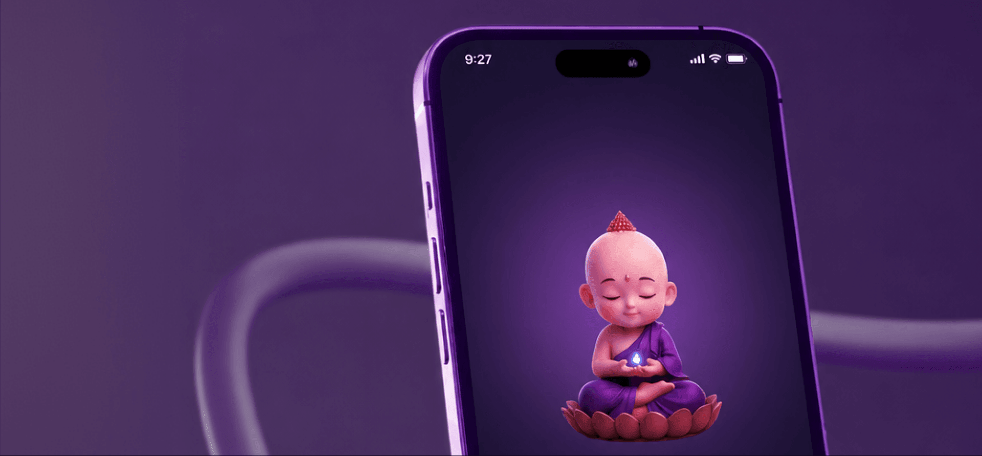 A phone showing Miracle’s guide: a small monk with eyes closed, seated on a lotus, holding a glowing blue light