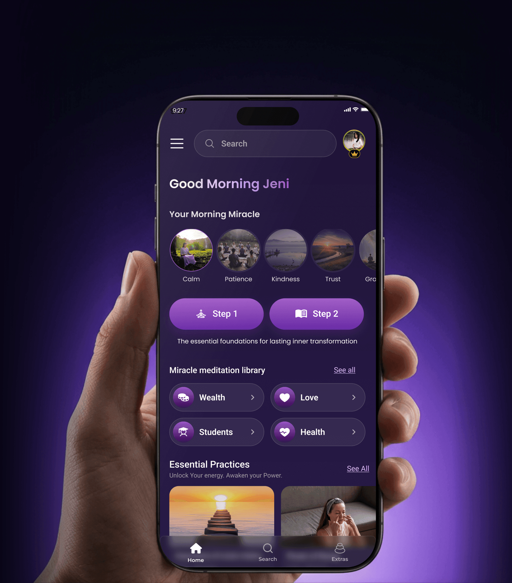 A hand holding a phone open on the Miracle home screen: “Good Morning Jeni”, the morning ritual circles, Step 1 and Step 2, the meditation library and essential practices