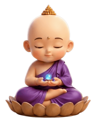 Miracle’s guide, a small monk seated on a lotus, eyes closed, holding a glowing light