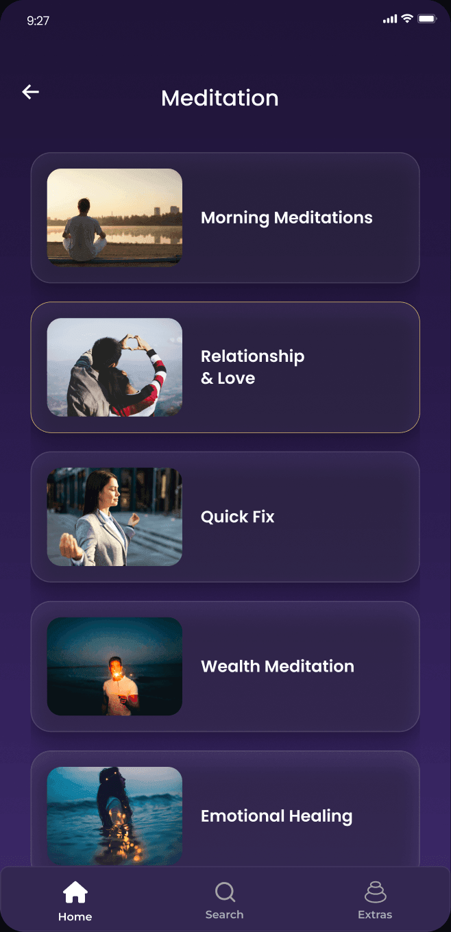 The Meditation library: Morning Meditations, Relationship & Love, Quick Fix, Wealth Meditation and Emotional Healing