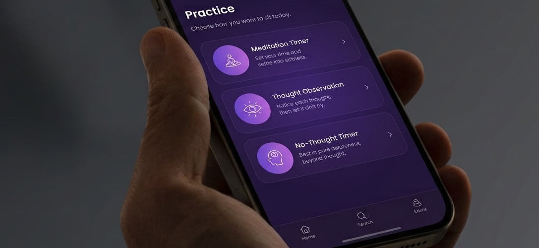A hand holding a phone open on the Practice screen: Meditation Timer, Thought Observation and No-Thought Timer