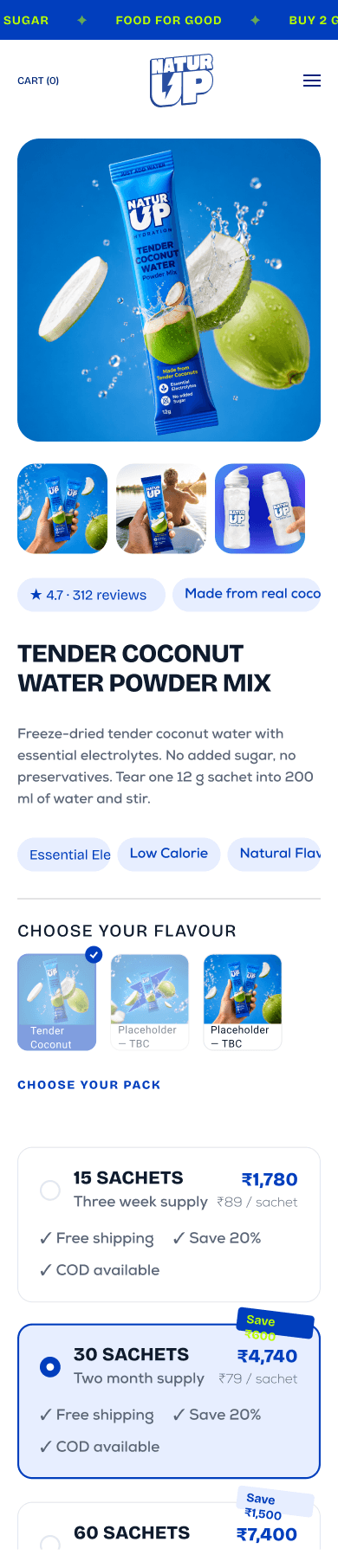 The redesigned NaturUp product page: “Tender Coconut Water Powder Mix”, its reviews and ingredients, flavour choices and sachet packs with prices