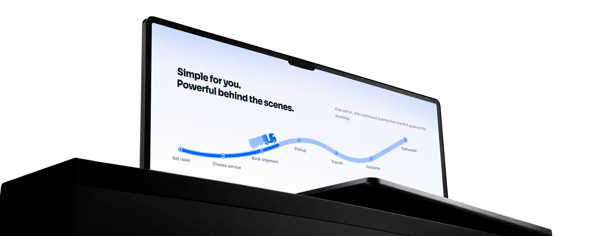 A laptop on a plinth showing the ParcelKart landing page: “Simple for you. Powerful behind the scenes.” above the shipment journey from rates to delivery