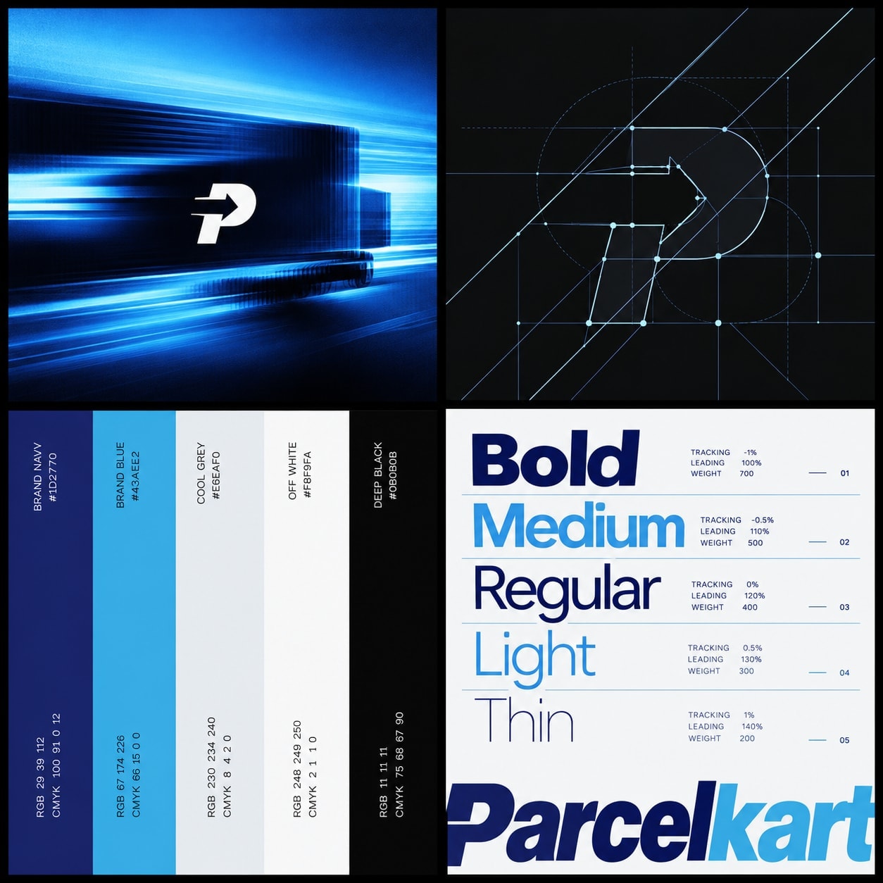 ParcelKart brand explorations: a blue light trail and the parcel-and-route mark on a grid