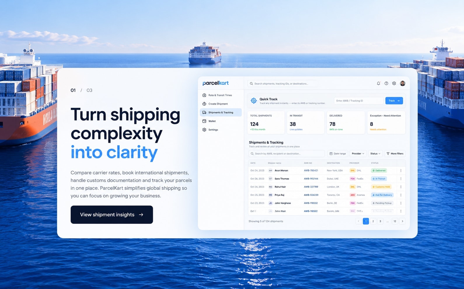 Container ships crossing open water under a bright sky