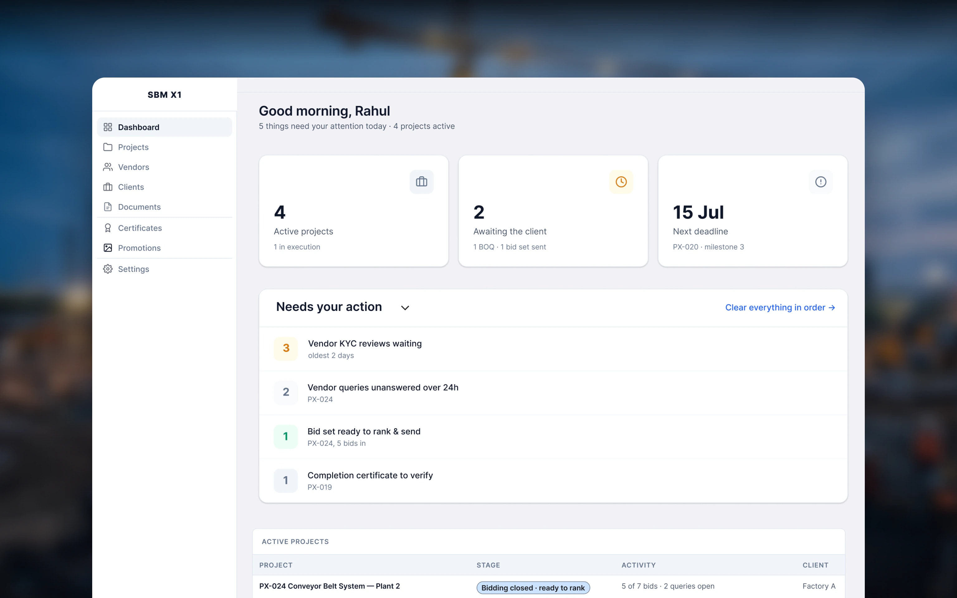 The admin dashboard over a blurred photo of site works: Needs your action — vendor KYC reviews, unanswered queries, a bid set to rank and a certificate to verify