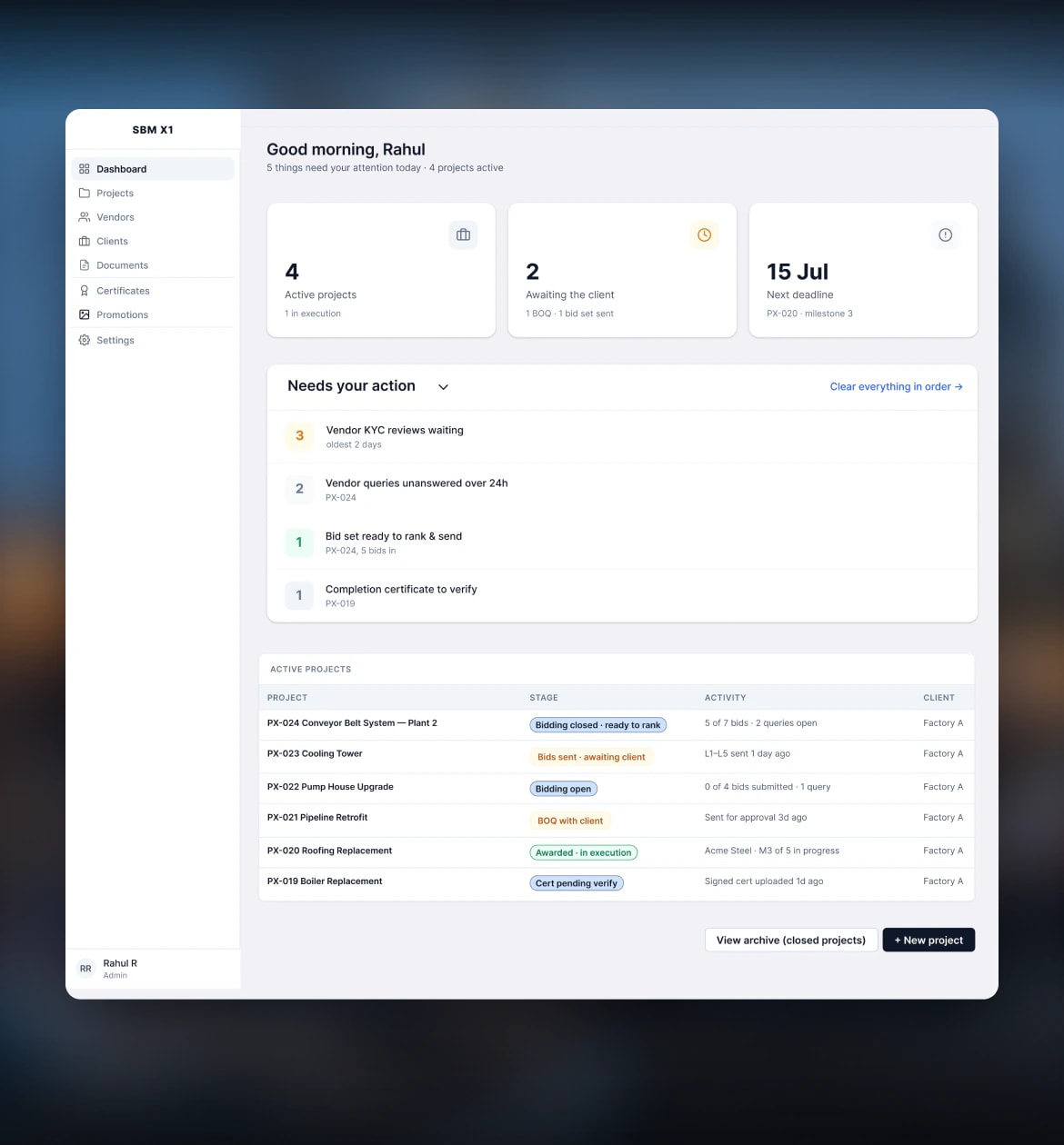 The admin dashboard over a blurred photo of site works: Needs your action — vendor KYC reviews, unanswered queries, a bid set to rank and a certificate to verify
