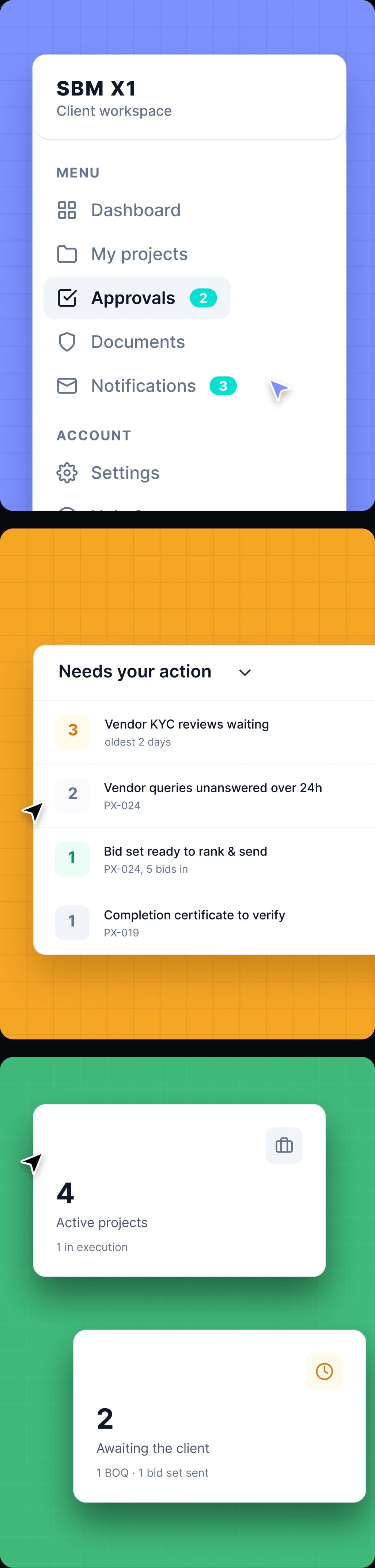 Three tiles: the client navigation rail on blue, the Needs your action queue on amber, and two at-a-glance cards on green