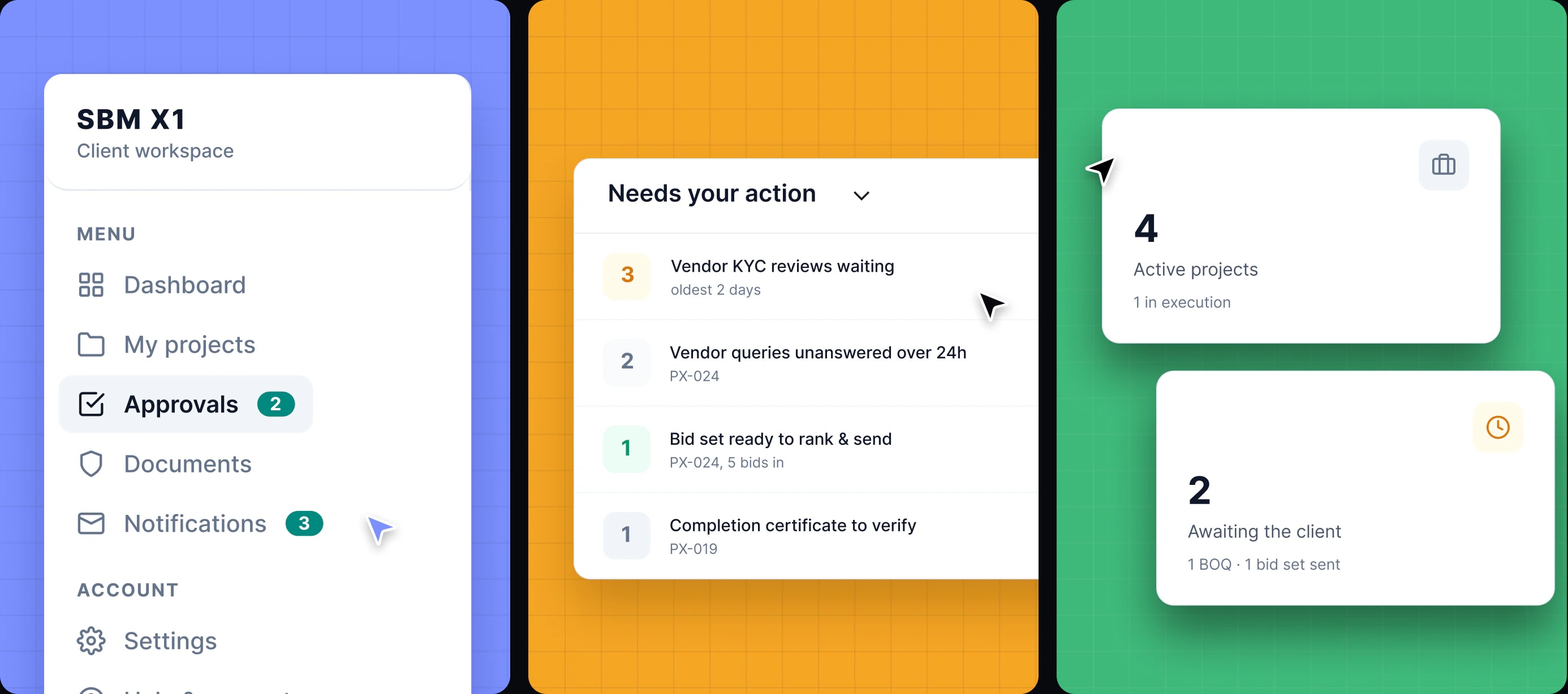 Three tiles: the client navigation rail on blue, the Needs your action queue on amber, and two at-a-glance cards on green