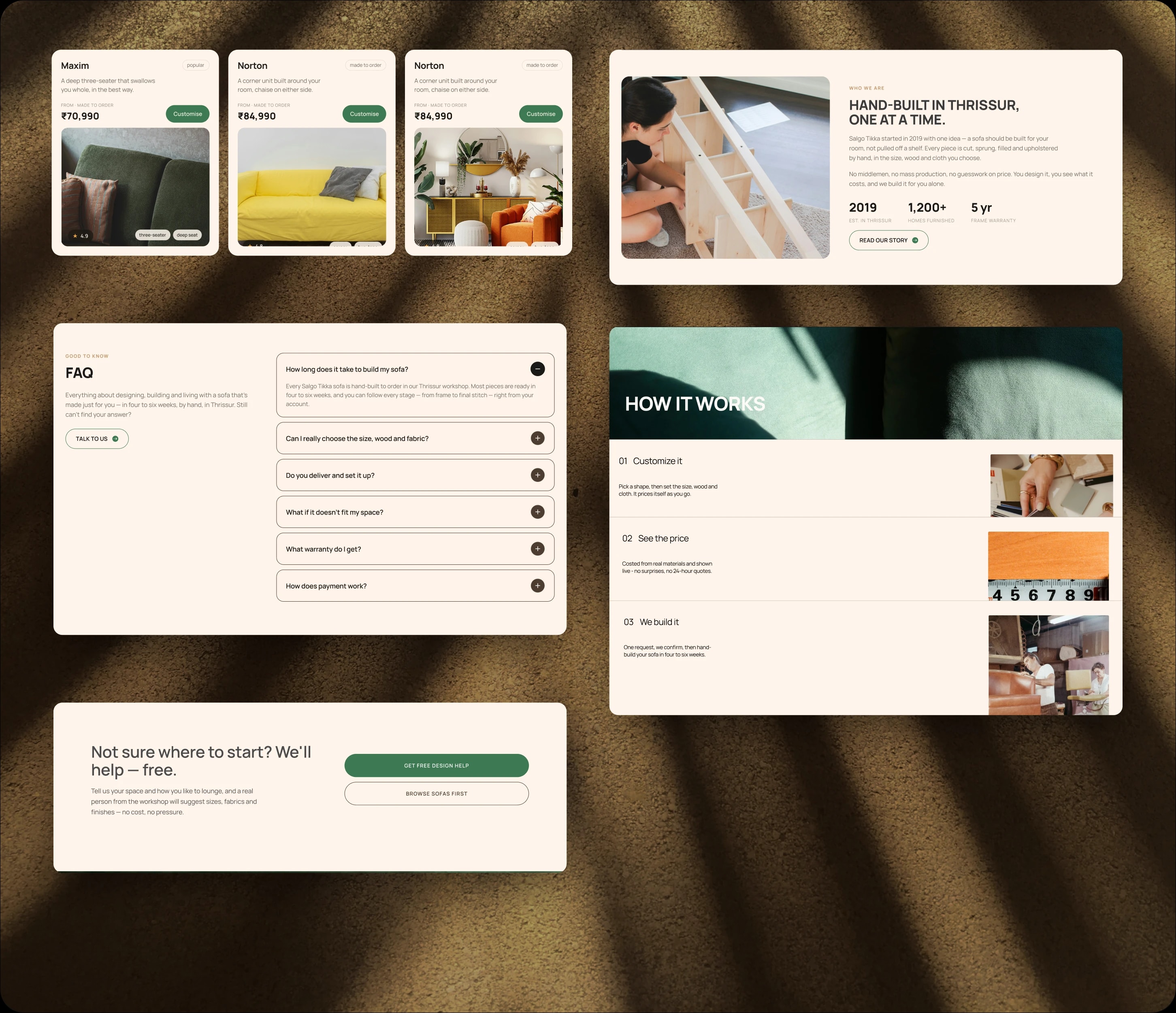 Salgo's building blocks on a sunlit wall: product cards, the brand story, the FAQ, how it works and a design-help banner