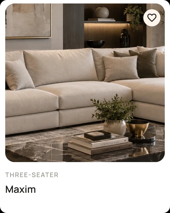 The Maxim three-seater card with a favourite button