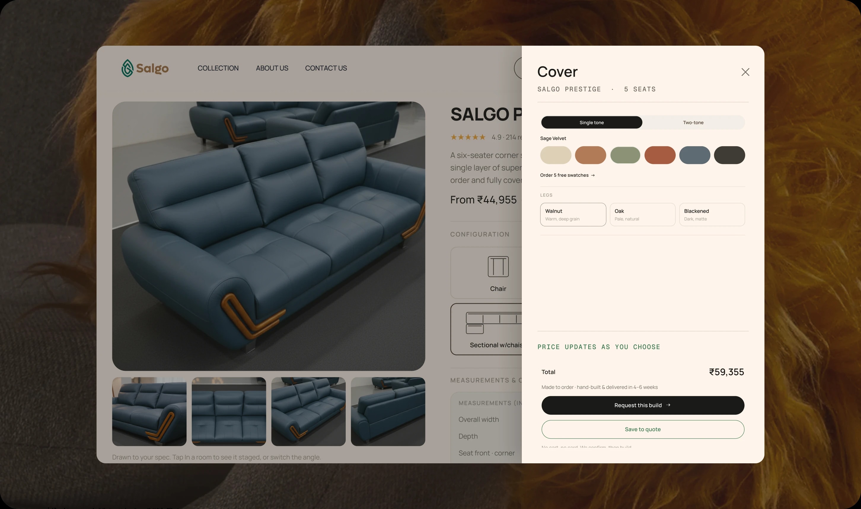 The Salgo product page with its cover panel open: fabric swatches, wood legs and a total of ₹59,355 beside a teal sofa