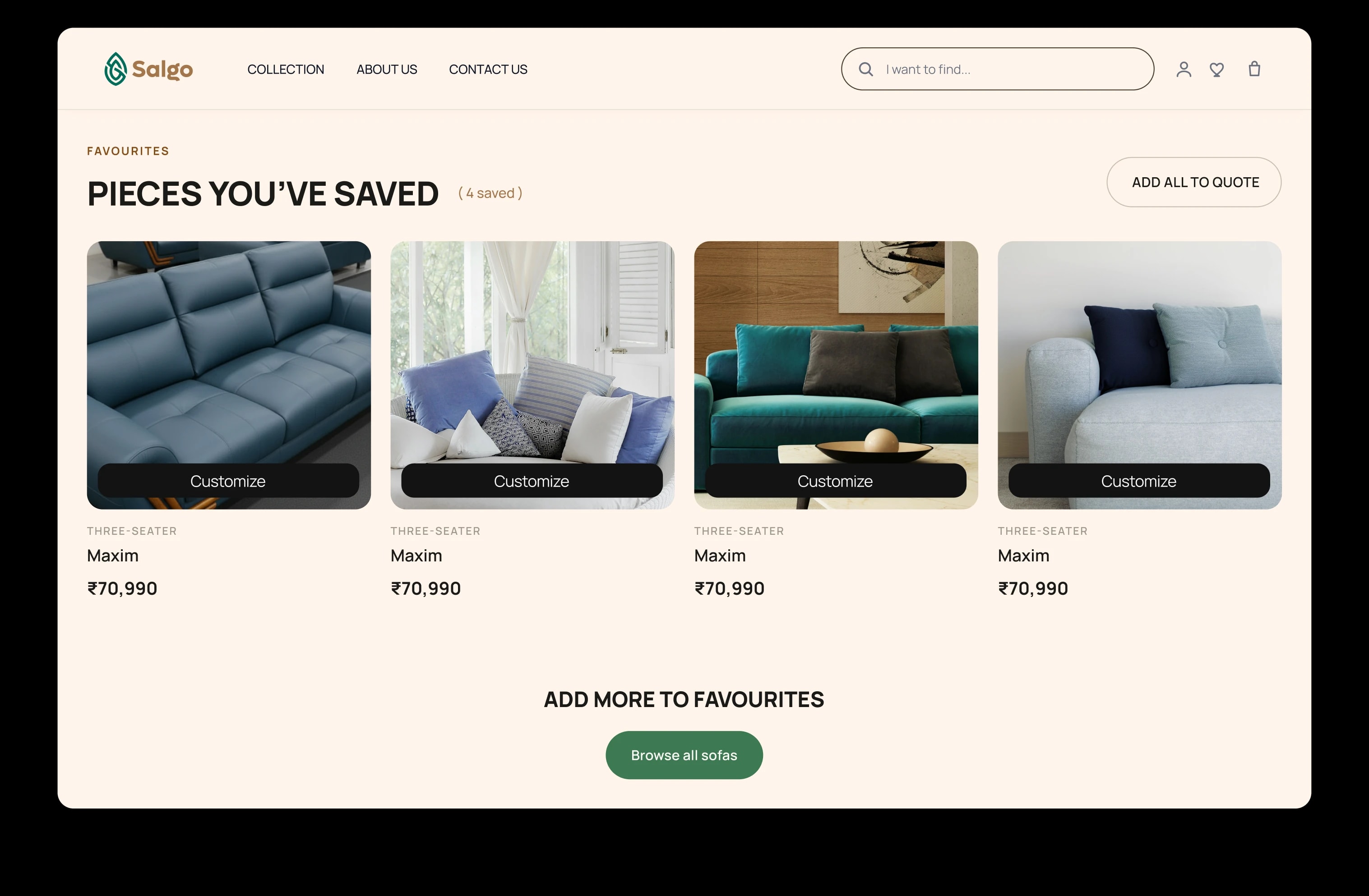 The Salgo favourites page — “Pieces you’ve saved”: four sofas, each ready to customise