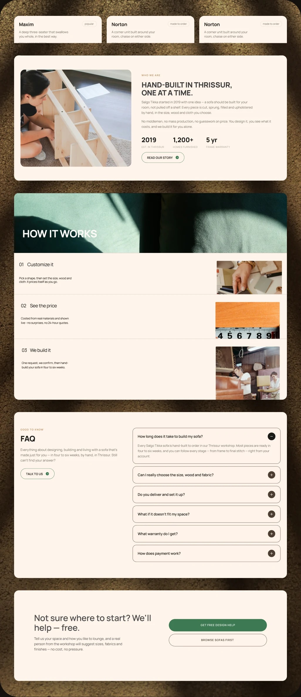 Salgo's building blocks on a sunlit wall: product cards, the brand story, the FAQ, how it works and a design-help banner