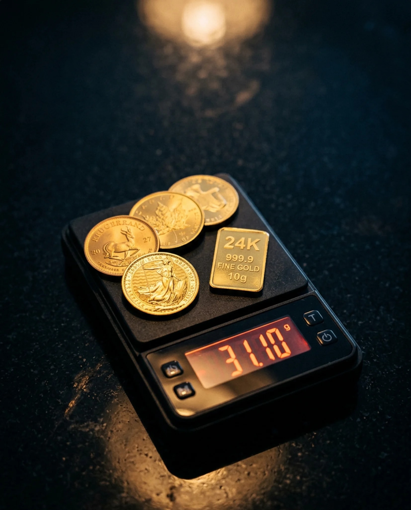Gold coins and a 24K bar on a jeweller's scale lit from above