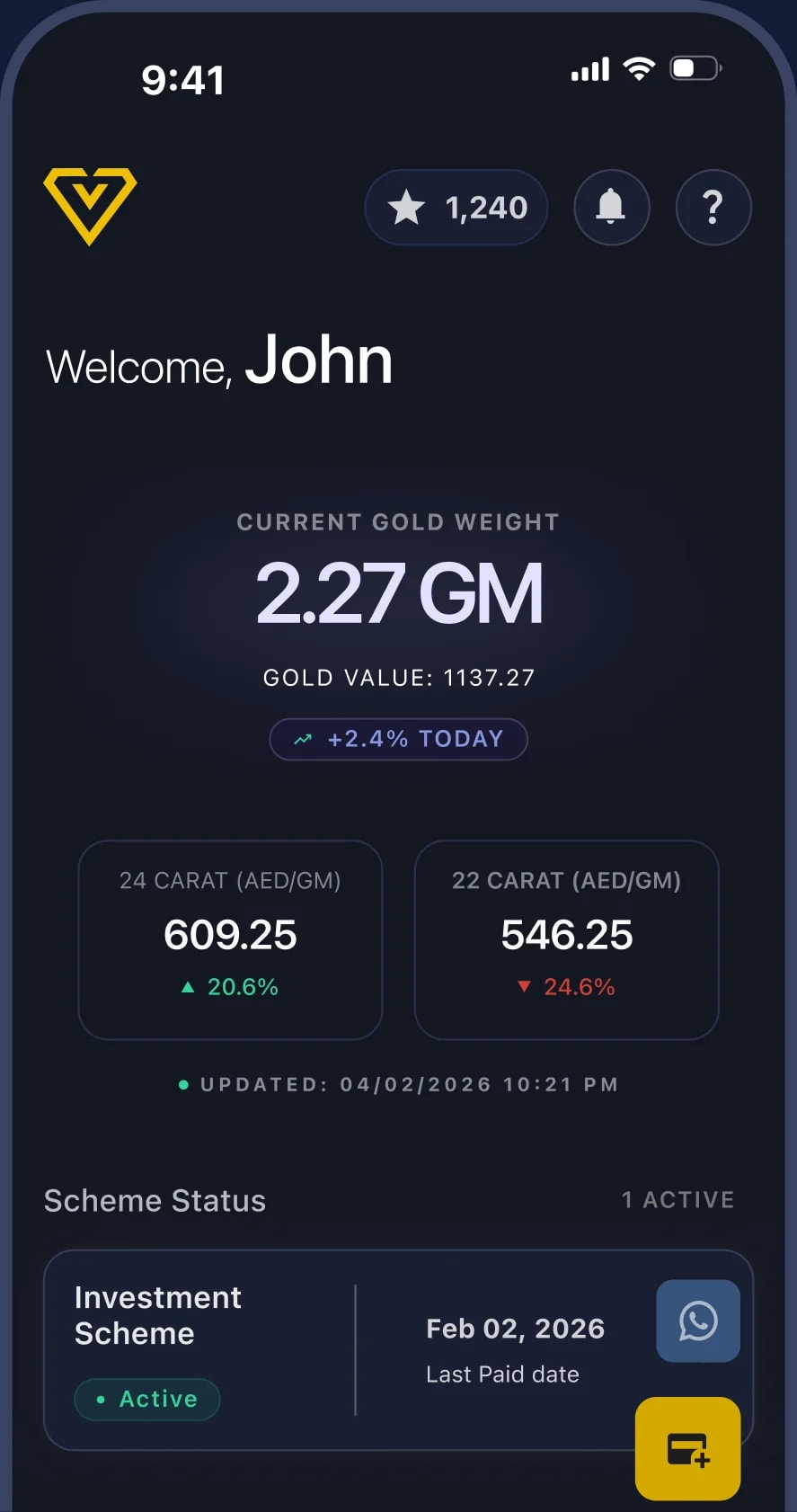 The home screen's gold balance and scheme status