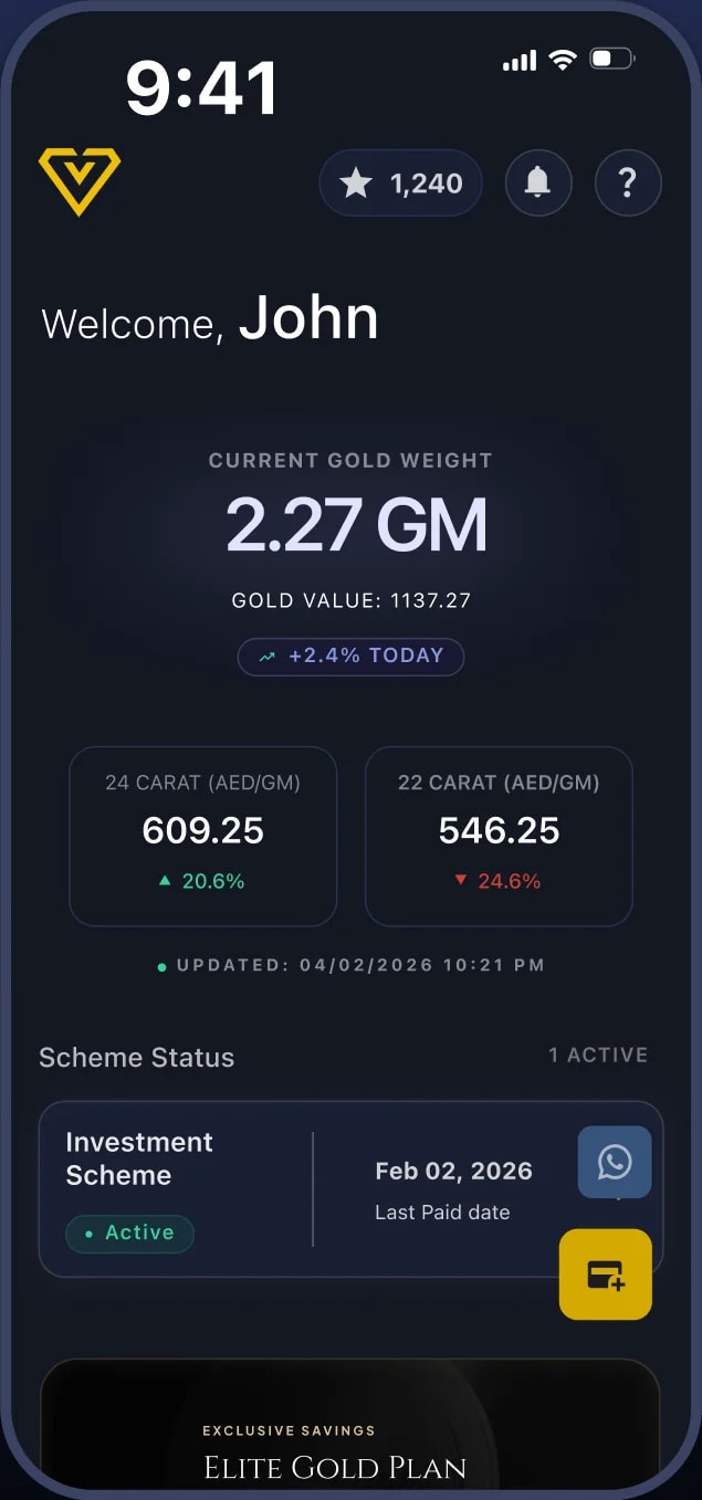 The home screen's gold balance and scheme status