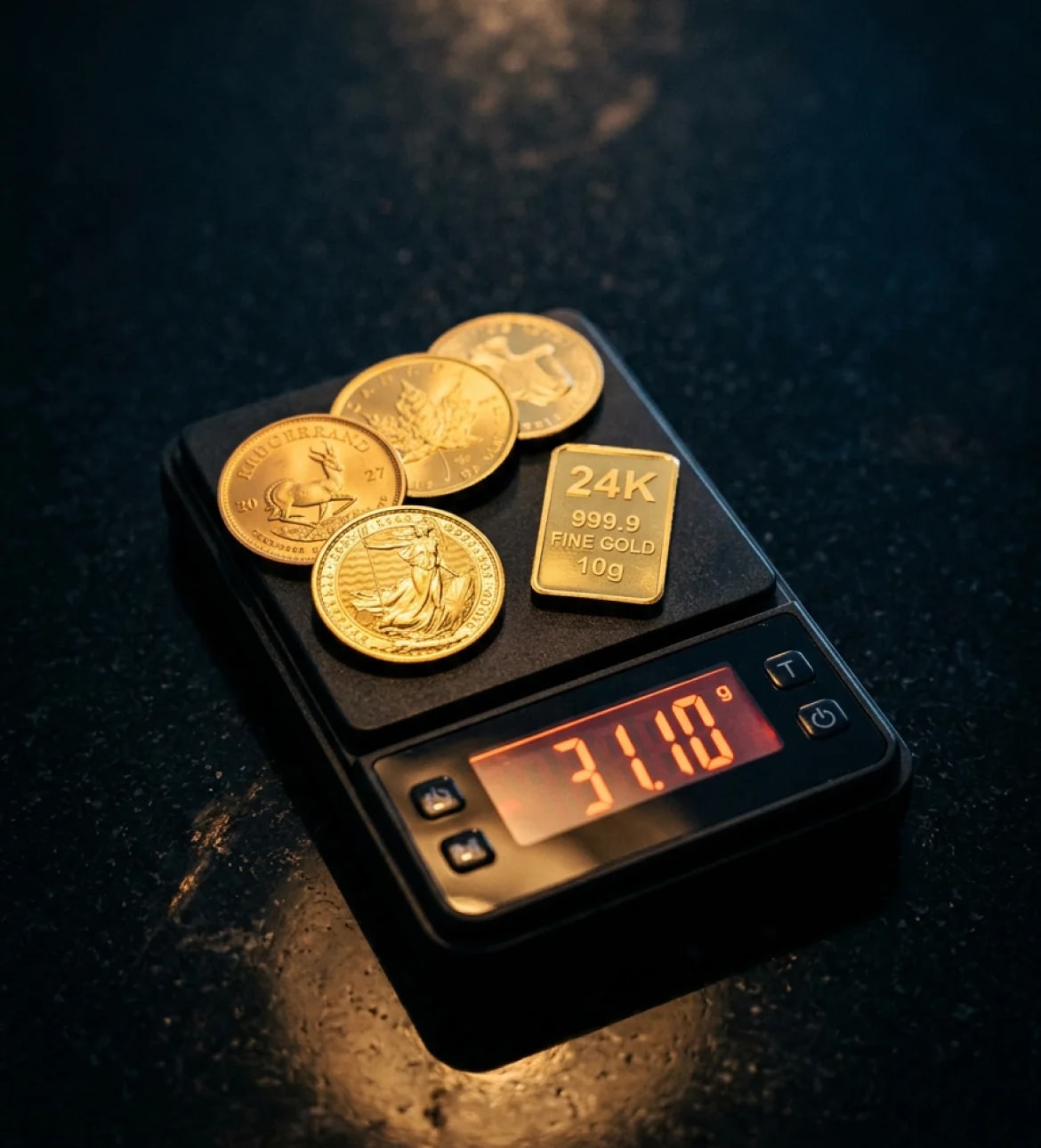 Gold coins and a 24K bar on a jeweller's scale lit from above