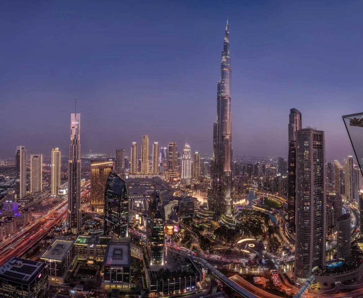 The Dubai skyline at dusk, the Burj Khalifa at its centre