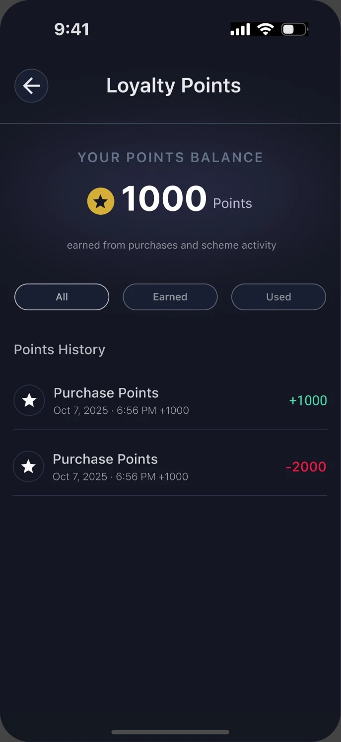Loyalty points: a balance of 1,000 points earned from purchases and scheme activity, with the points history