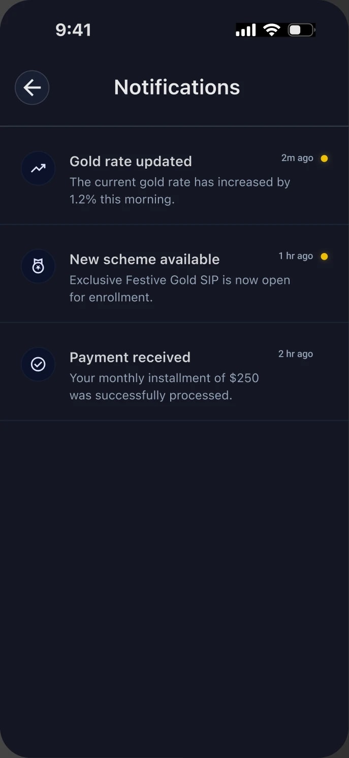 Notifications: the gold rate updated, a new festive scheme open for enrolment, and a monthly instalment received