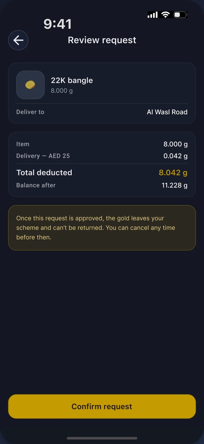 Review request: the 22K bangle, total deducted 8.042 g and the balance after, with a note that approval is final