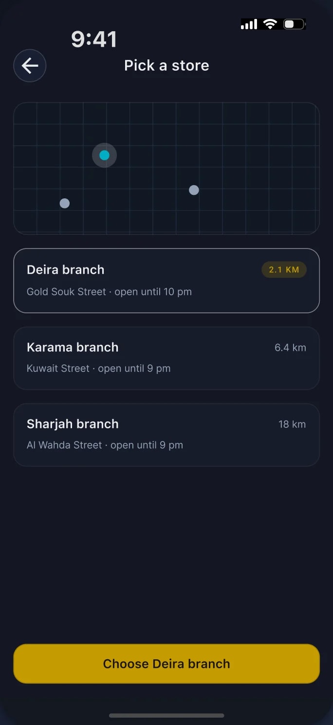 Pick a store: a map of nearby branches and the Deira, Karama and Sharjah branches with distances