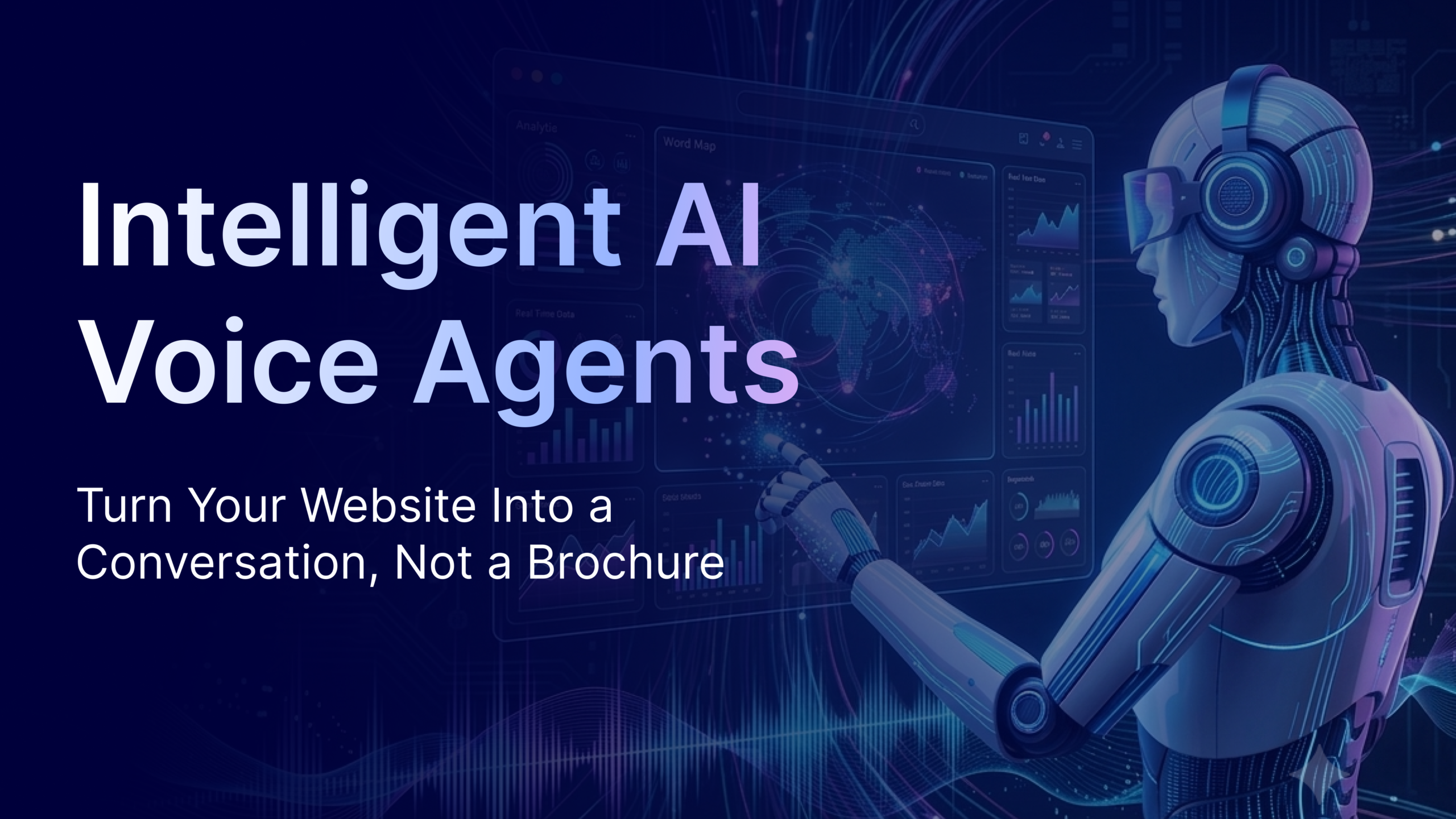 Illustration of an intelligent AI voice agent interacting with a business dashboard, showcasing AI-powered website conversations, automated customer support, lead qualification, and 24/7 virtual assistance.