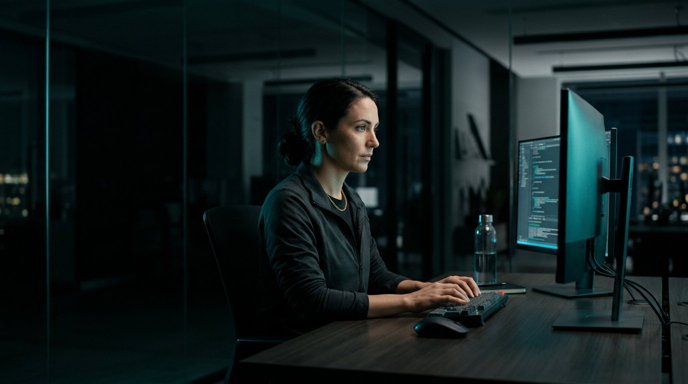 An Apro engineer working at a multi-monitor workstation in a darkened office.