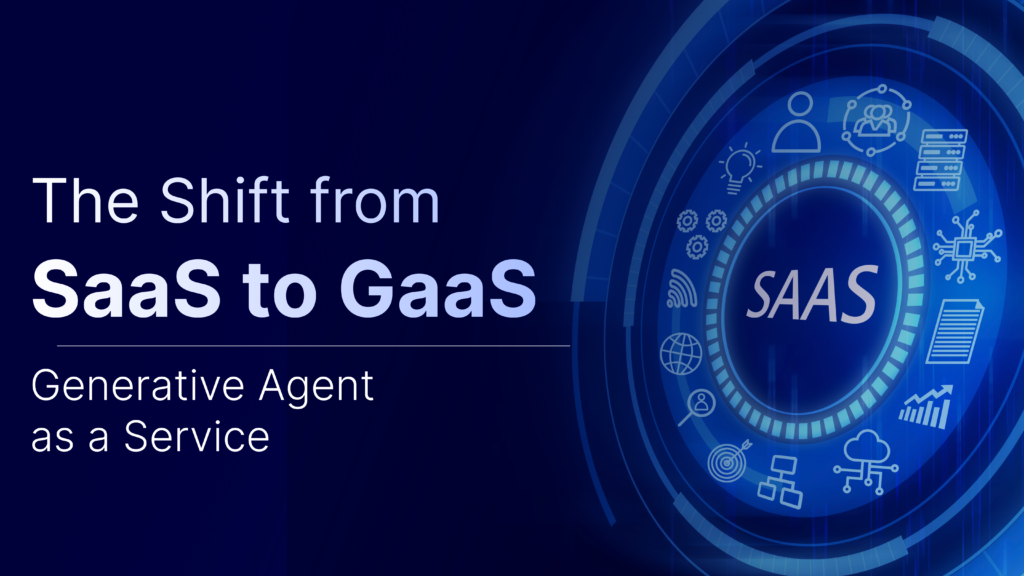 Illustration representing the shift from Software as a Service to Generative Agent as a Service , highlighting AI agents, enterprise automation, and intelligent business applications.